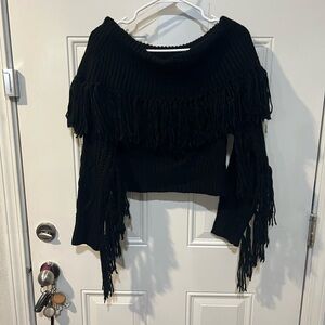 Hot & Delicious Black Off-the-Shoulder Fringe Sweater